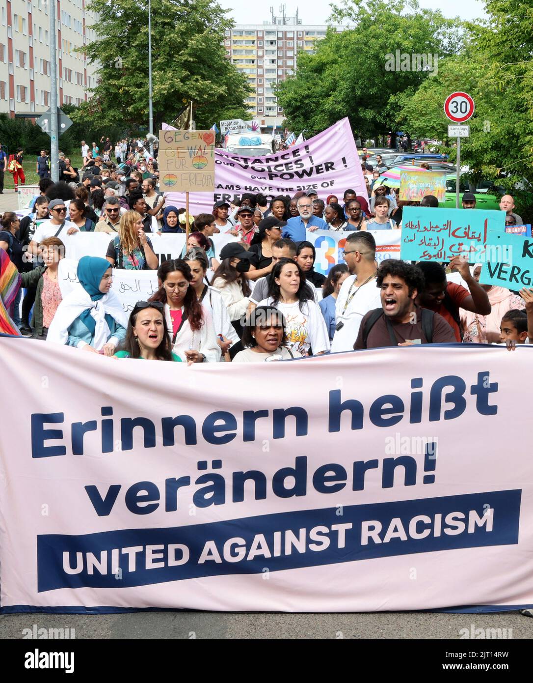 Rostock, Germany. 27th Aug, 2022. At a demonstration 30 years after the