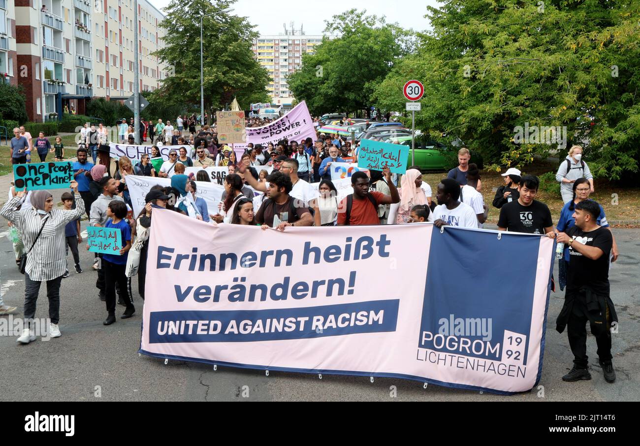 Rostock, Germany. 27th Aug, 2022. At a demonstration 30 years after the