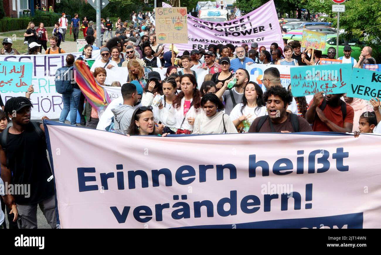 Rostock, Germany. 27th Aug, 2022. At a demonstration 30 years after the