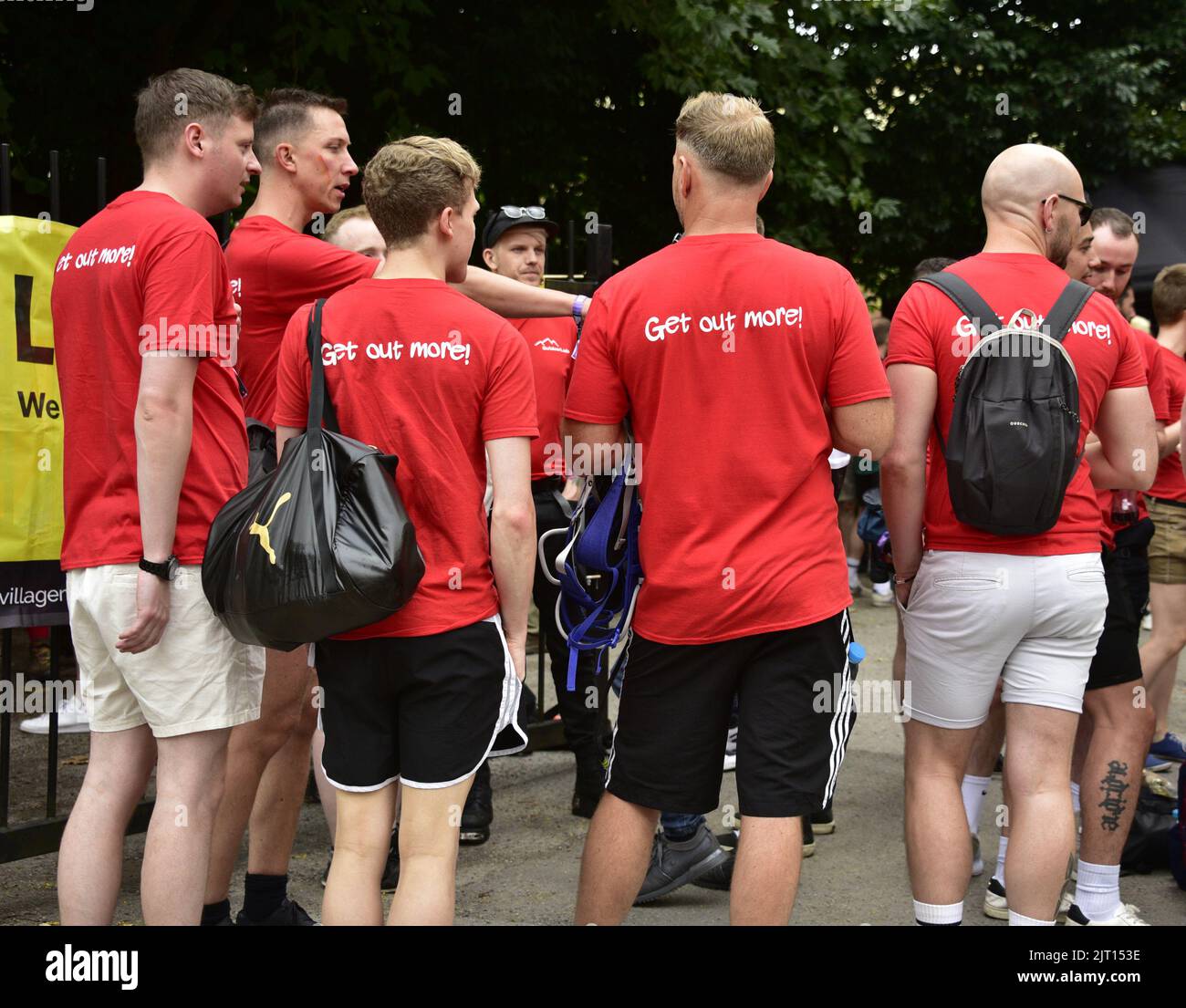 Manchester, UK. 27th August, 2022. Members of 'Outdoor Lads' group. Participants get ready to take part in the LGBTQ+ Pride parade, central Manchester, UK, as LGBTQ+ Pride continues over the Bank Holiday weekend 26th to 29th August. Organisers say: 'Manchester Pride is one of the UK's leading LGBTQ+ charities. Our vision is a world where LGBTQ+ people are free to live and love without prejudice. We’re part of a global Pride movement celebrating LGBTQ+ equality and challenging discrimination.' Credit: Terry Waller/Alamy Live News Stock Photo