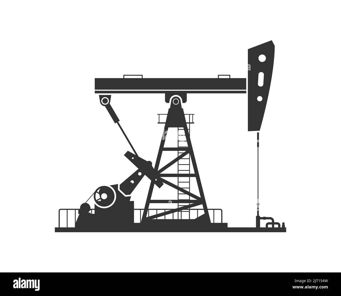 Black silhouette of the pump jack is isolated on a white background