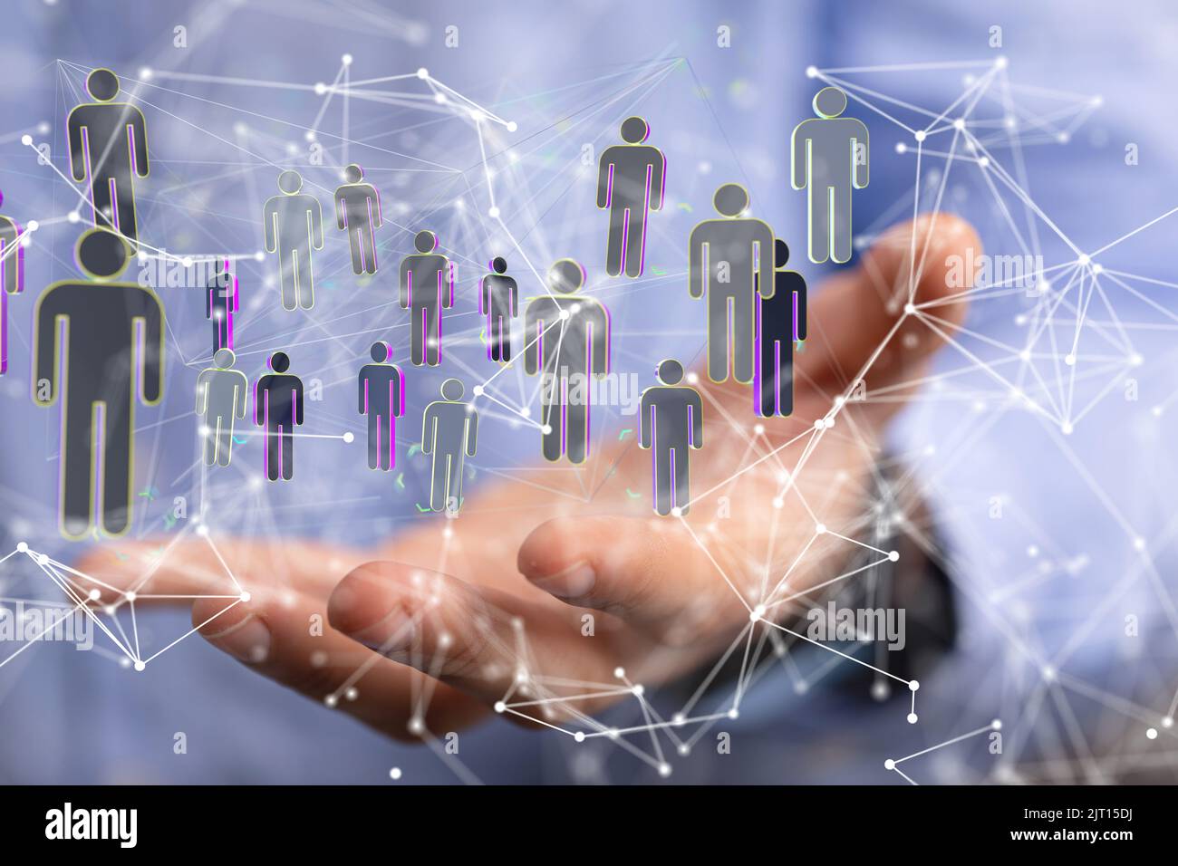 A 3D rendering of floating people icons on a businessman's hand Stock ...