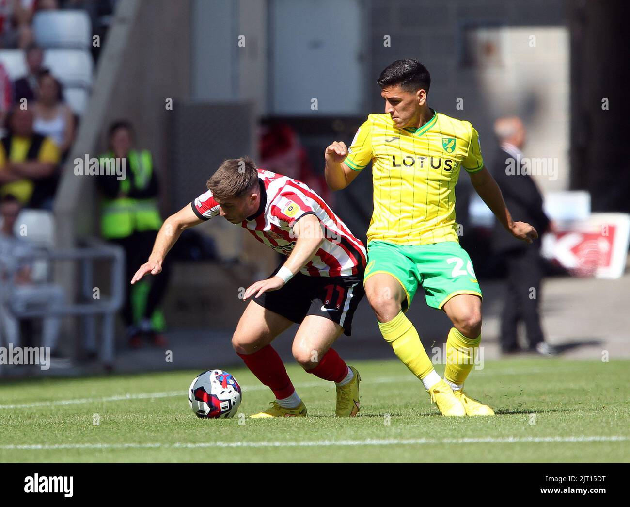 Sunderland, UK. 27th Aug, 2022. Lynden Gooch of Sunderland goes down under pressure from Marcelino Nunez of Norwich City during the Sky Bet Championship match between Sunderland and Norwich City at Stadium of Light on August 27th 2022 in Sunderland, England. (Photo by Mick Kearns/phcimages.com) Credit: PHC Images/Alamy Live News Stock Photo