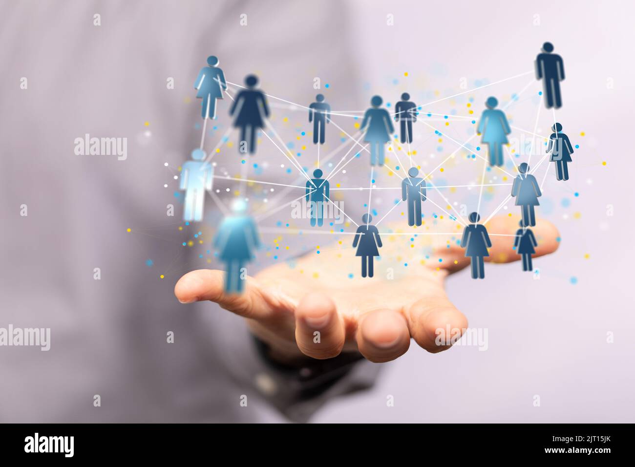 A 3D rendering of floating people icons on a businessman's hand Stock ...