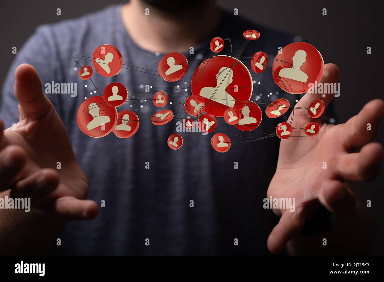A 3D rendering of floating people icons on a businessman's hand Stock ...