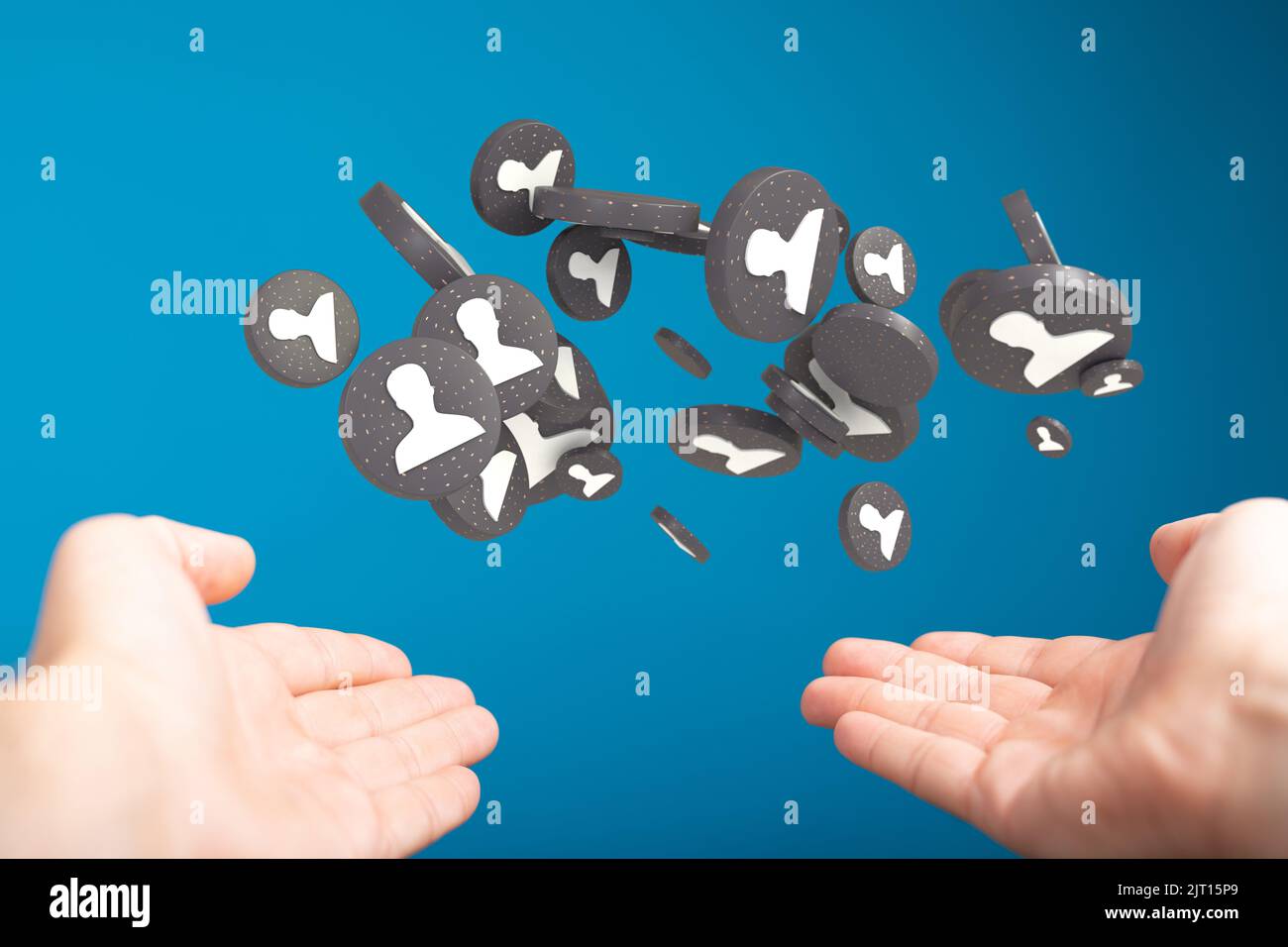 A 3D rendering of floating people icons on a businessman's hand Stock ...