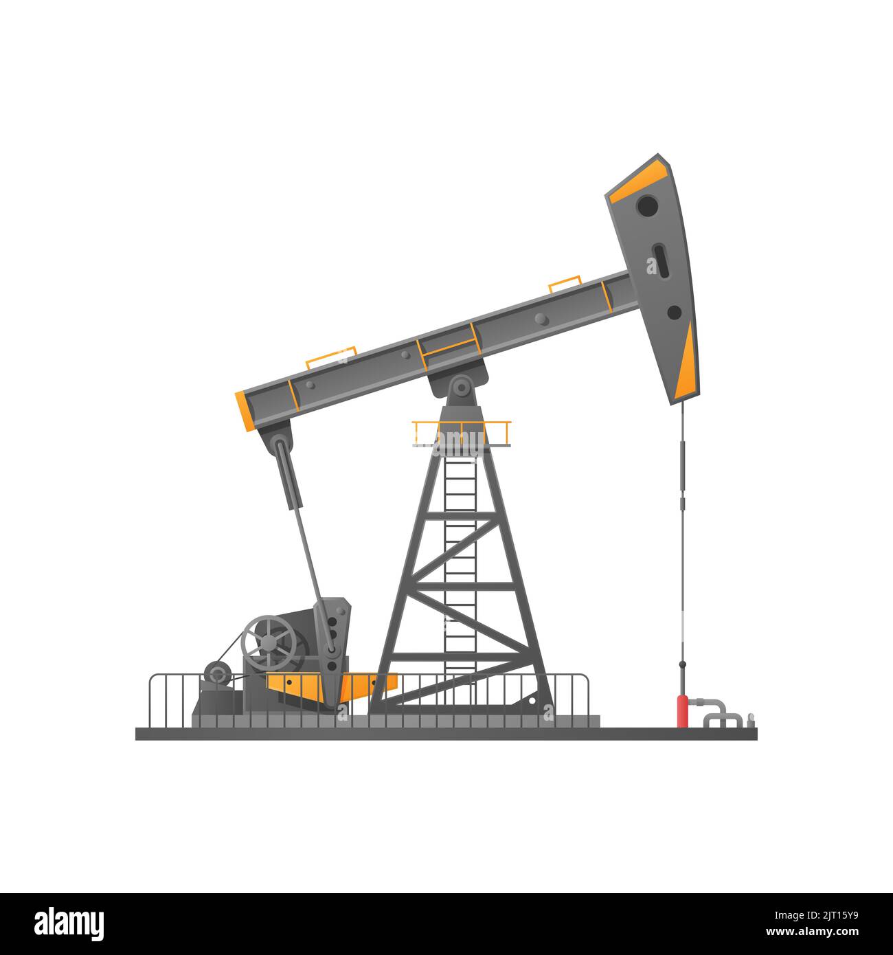 The pump jack has black and yellow colors is isolated on a white