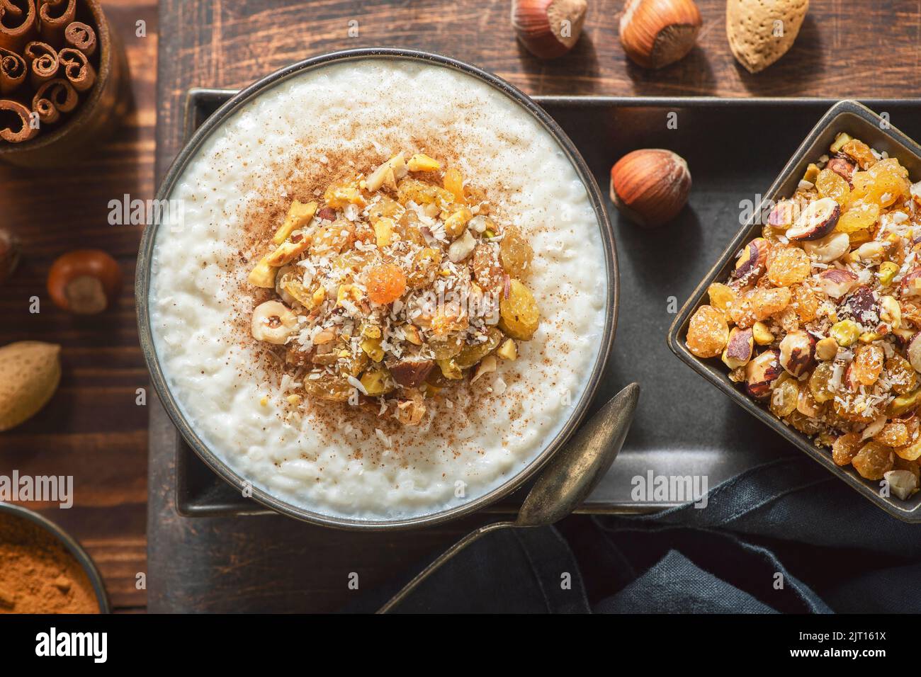 Arabic Cuisine; Middle Eastern delicious creamy Rice Pudding topped