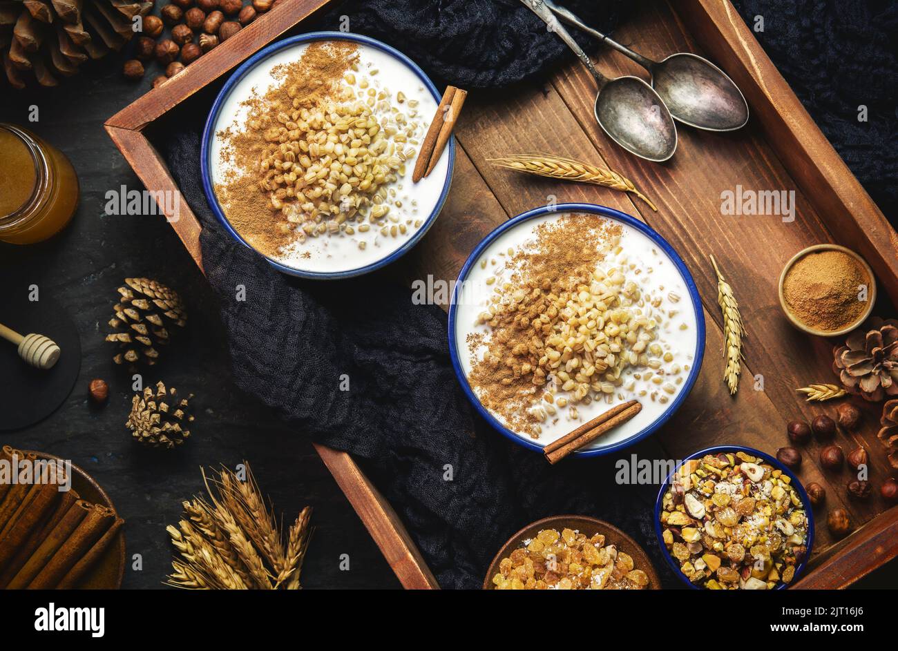 Arabic Cuisine; Traditional Egyptian wheat porridge "Belila" served