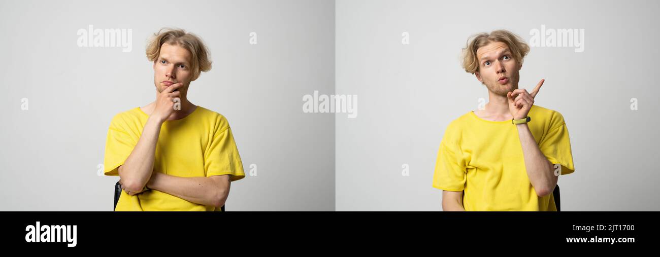Set of two portraits of attractive cheerful man, student, thinking ...