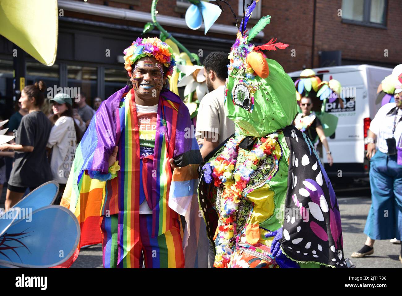 Manchester, UK. 27th August, 2022. Participants get ready to take part in the LGBTQ+ Pride parade, central Manchester, UK, as LGBTQ+ Pride continues over the Bank Holiday weekend 26th to 29th August. Organisers say: 'Manchester Pride is one of the UK's leading LGBTQ+ charities. Our vision is a world where LGBTQ+ people are free to live and love without prejudice. We’re part of a global Pride movement celebrating LGBTQ+ equality and challenging discrimination.' Credit: Terry Waller/Alamy Live News Stock Photo
