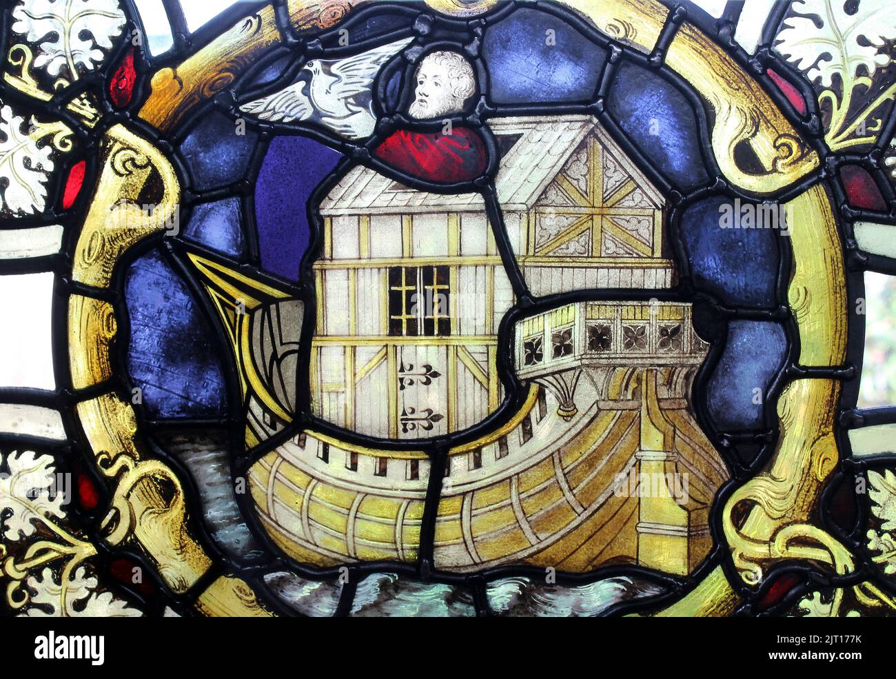 Noah Setting Dove Free From The Ark Stained Glass Window, Birkenhead Priory UK Stock Photo