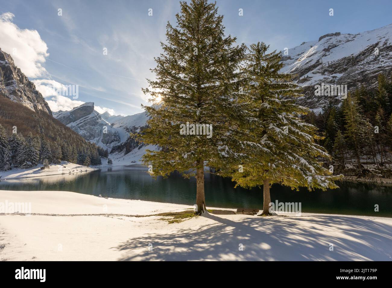 Golden hour at the beautiful mountain lake Seealpsee in the Swiss Alps and snow covered mountains and trees on a sunny afternoon short before sun set. Stock Photo