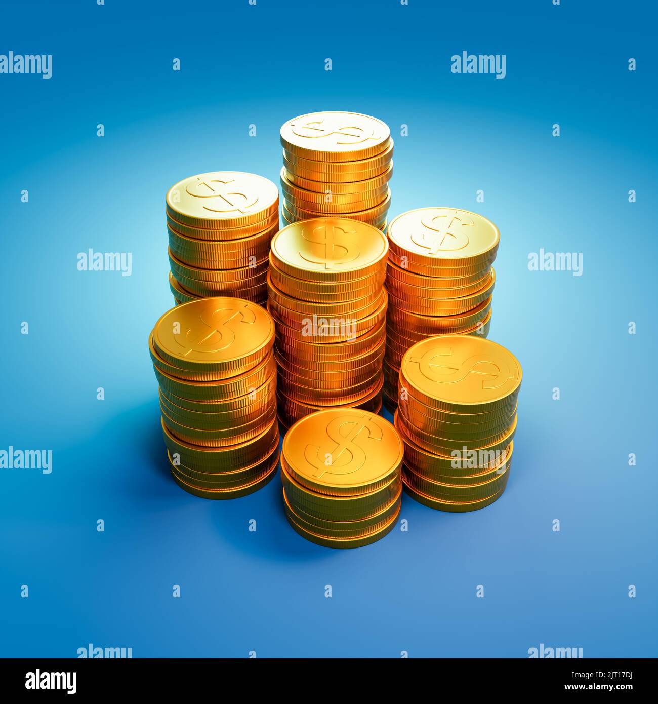 Heaps of Dollar Coins on Blue Background Stock Photo
