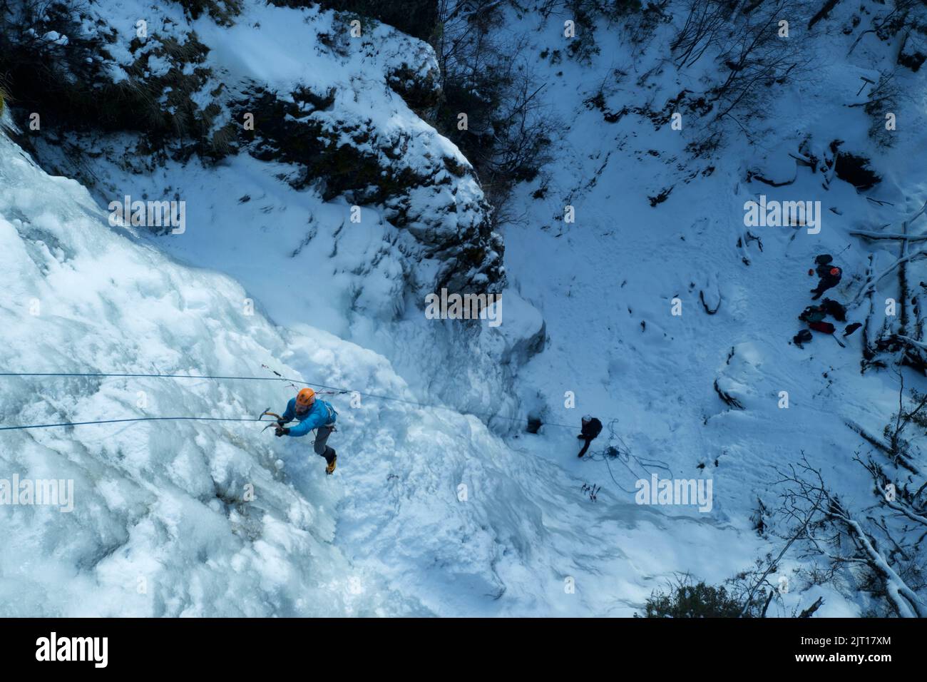 Unidentified personn ice climbing in a icefall in Ushuaia, Tierra del Fuego - Argentina Stock Photo