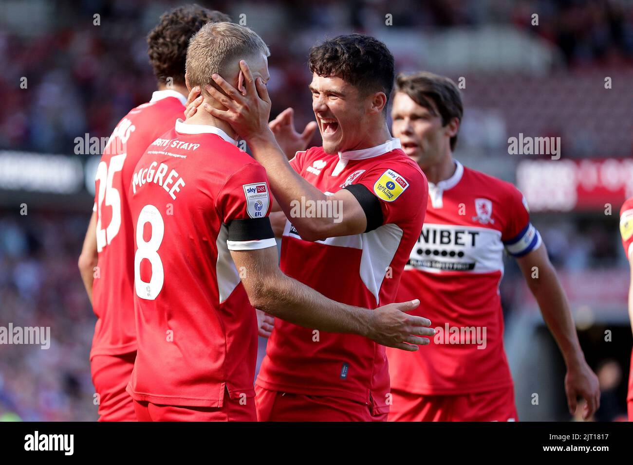 Middlesbrough's Riley McGree (left) celebrates with Middlesbrough's Ryan Giles after he scores the opening goal during the Sky Bet Championship match at the Riverside Stadium, Middlesbrough. Picture date: Saturday August 27, 2022. Stock Photo