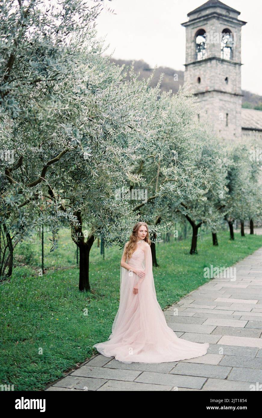 Bride in a pink dress stands near a green olive tree in a grove against the backdrop of a chapel Stock Photo - Alamy Bride in a pink dress stands near a green olive tree in a grove against the backdrop of a chapel Stock Photo - Alamy