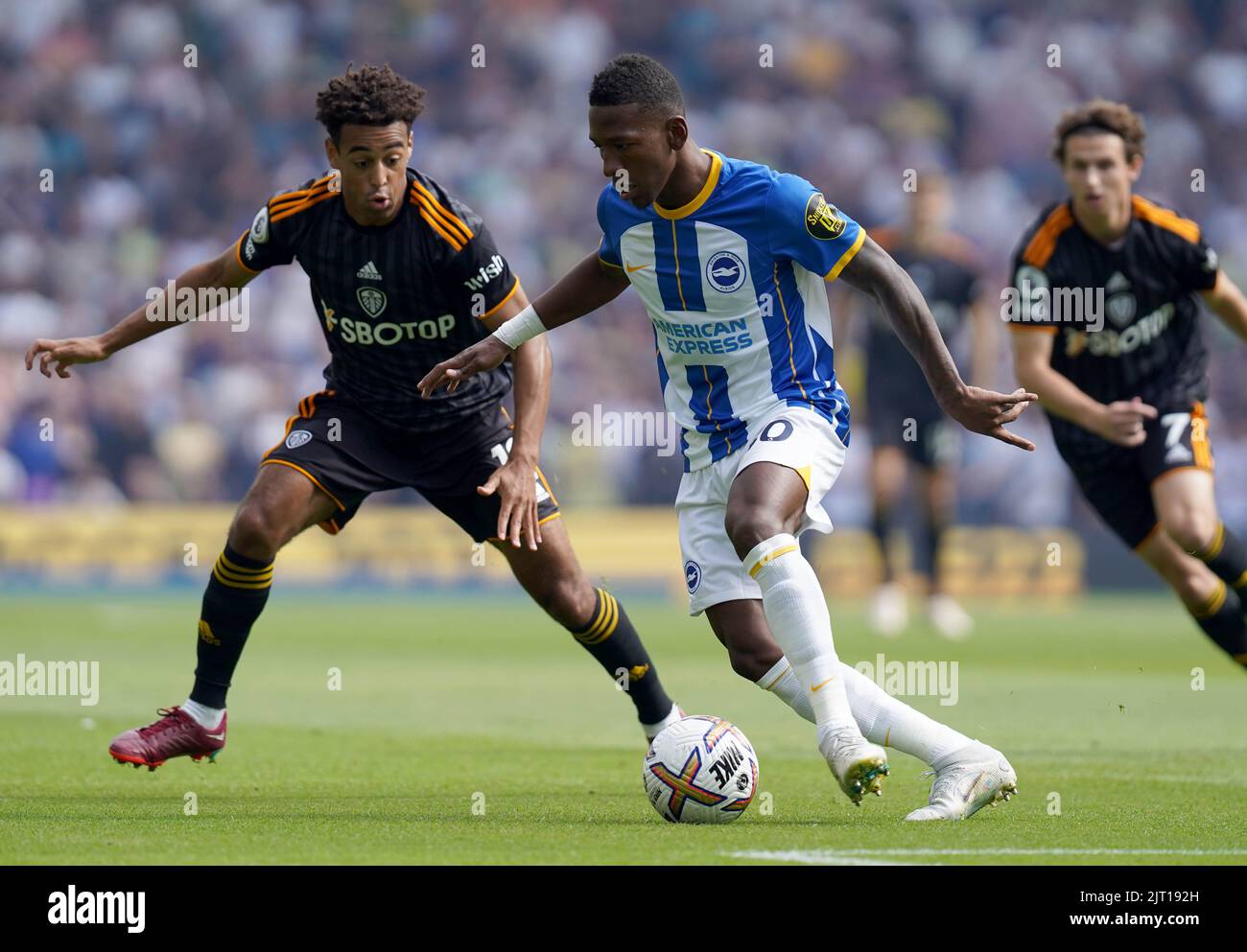 Leeds United's Tyler Adams (left) and Brighton and Hove Albion's Moises