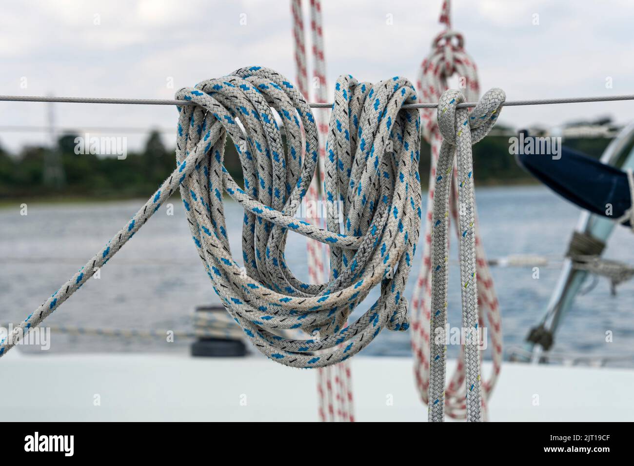 coils of rope on a sailing boat, close up. Stock Photo