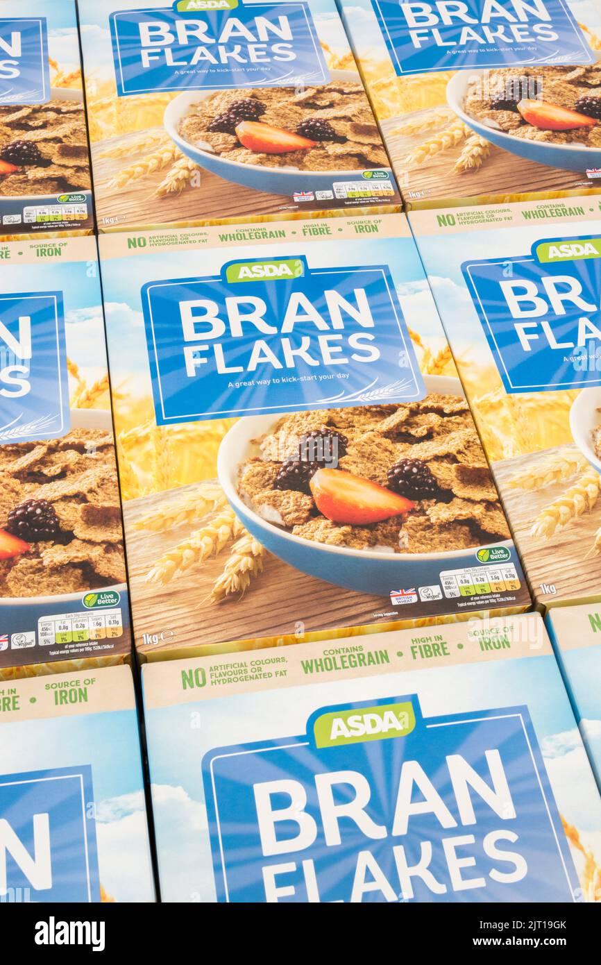 Shot of ASDA ownlabel bran flakes breakfast cereal carton. For British food produce, UK