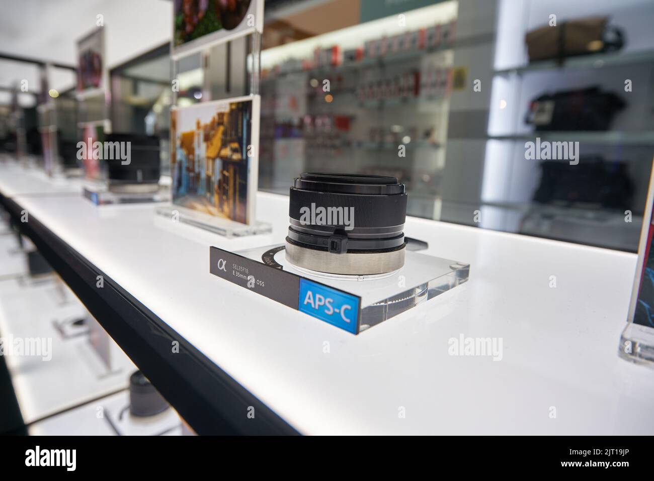SINGAPORE - CIRCA JANUARY, 2020: lens on display at Sony Store in Singapore. Stock Photo