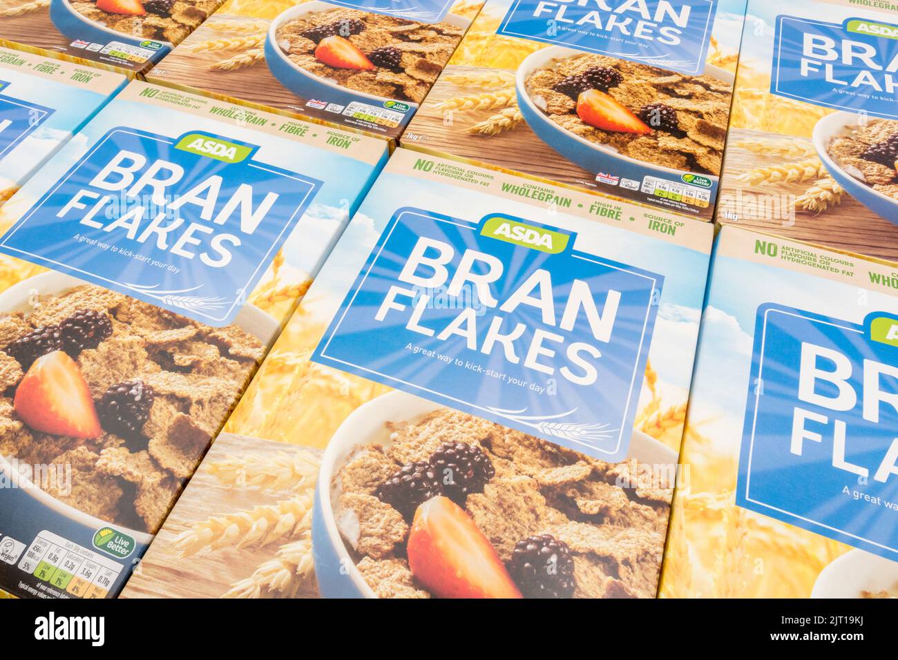 Shot of ASDA ownlabel bran flakes breakfast cereal carton. For British food produce, UK