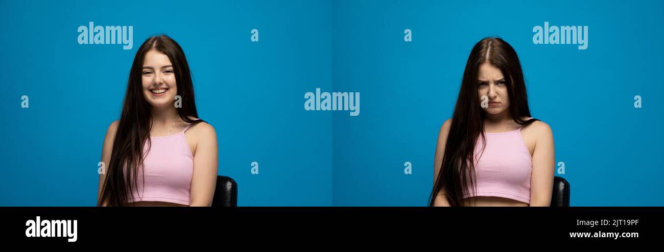 Set of two emotional photographs of a young woman with a happy and angry, sad emotions. Beautiful brunette in a blue t-shirt on a blue background Stock Photo