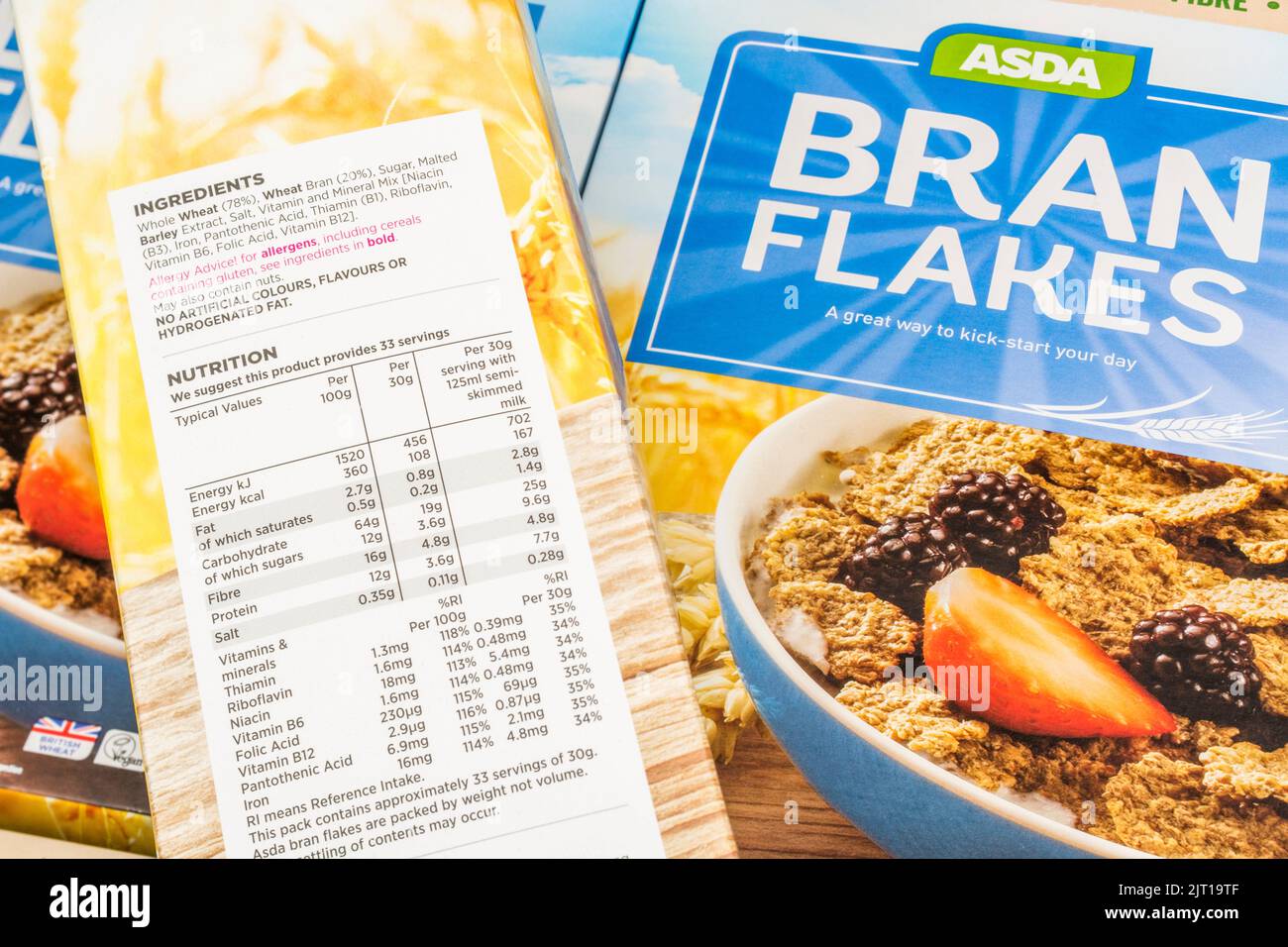 Close shot food ingredient / nutrition labelling on ASDA own-label bran flakes. See NOTES for focus point info. Stock Photo