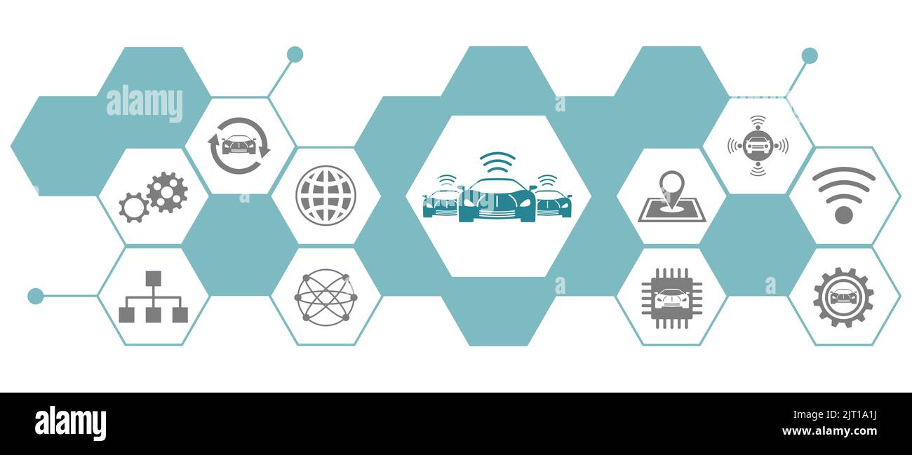 Concept of connected cars with connected icons Stock Photo - Alamy