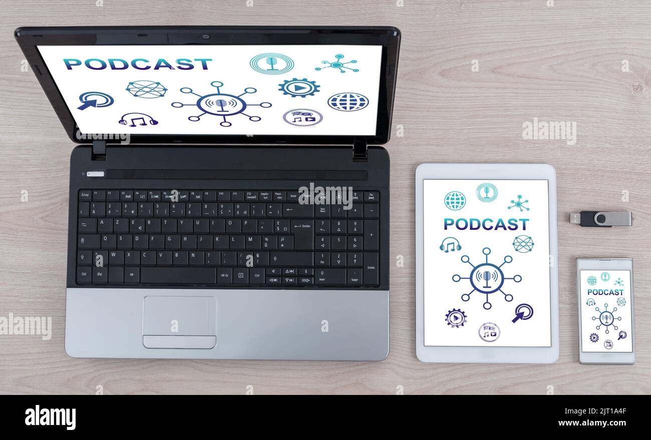 Podcast concept shown on different information technology devices Stock Photo