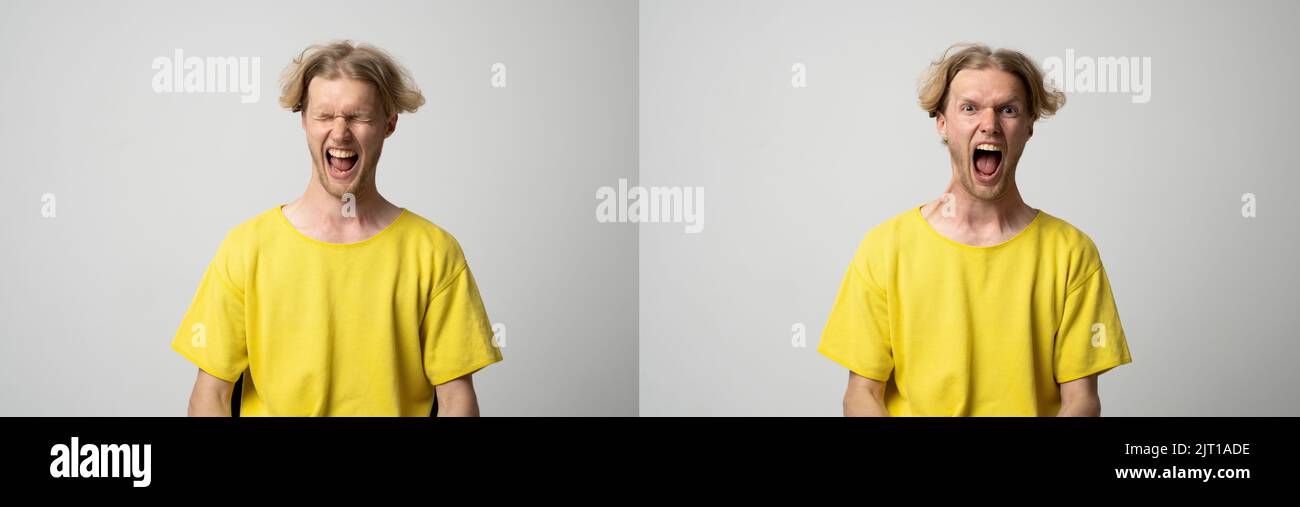 Screaming, hate, rage. Screaming emotional angry man screaming on white ...