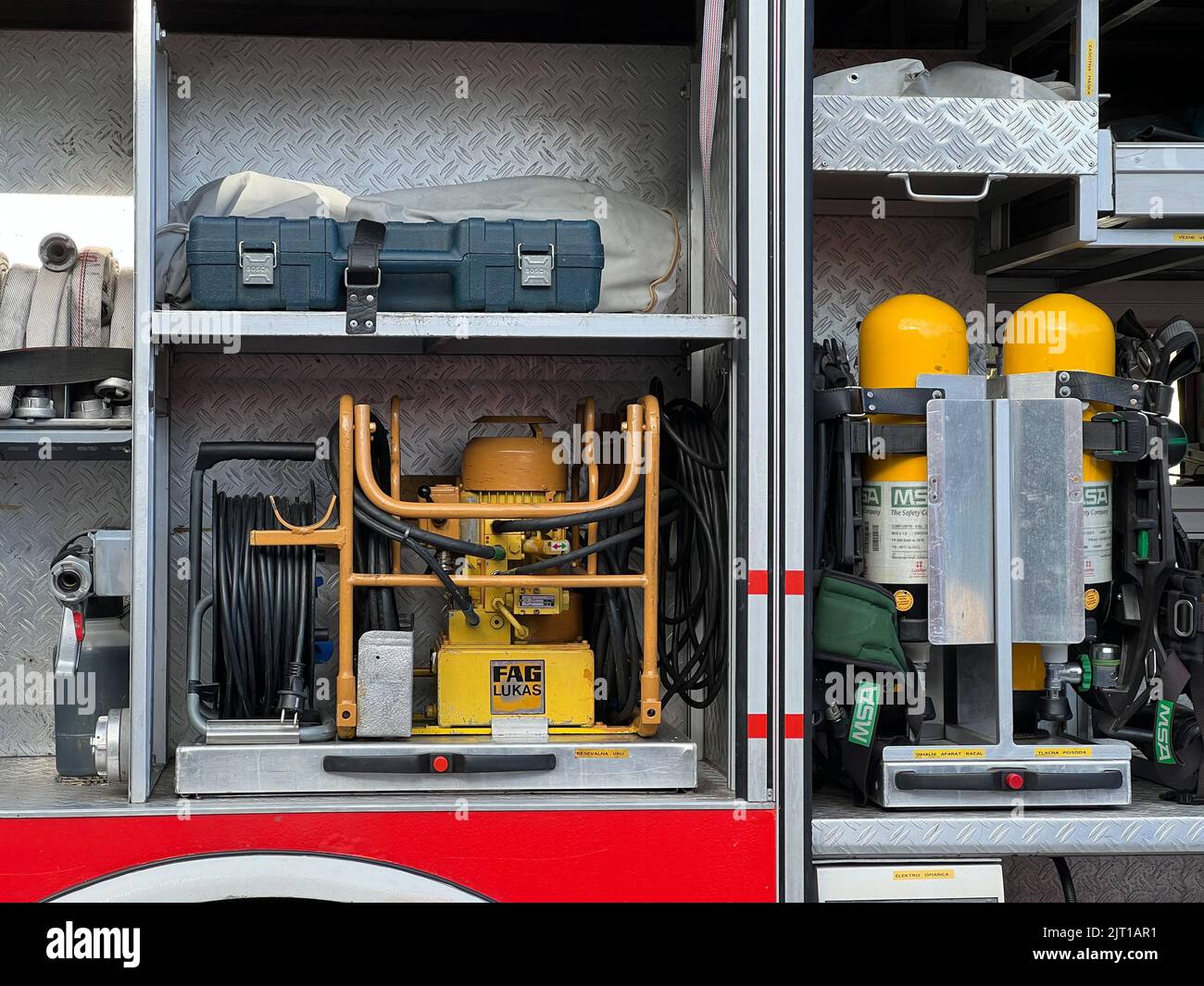Budva, Montenegro - 01.08.22: Equipment for extinguishing fires in a fire engine. Close-up Stock Photo