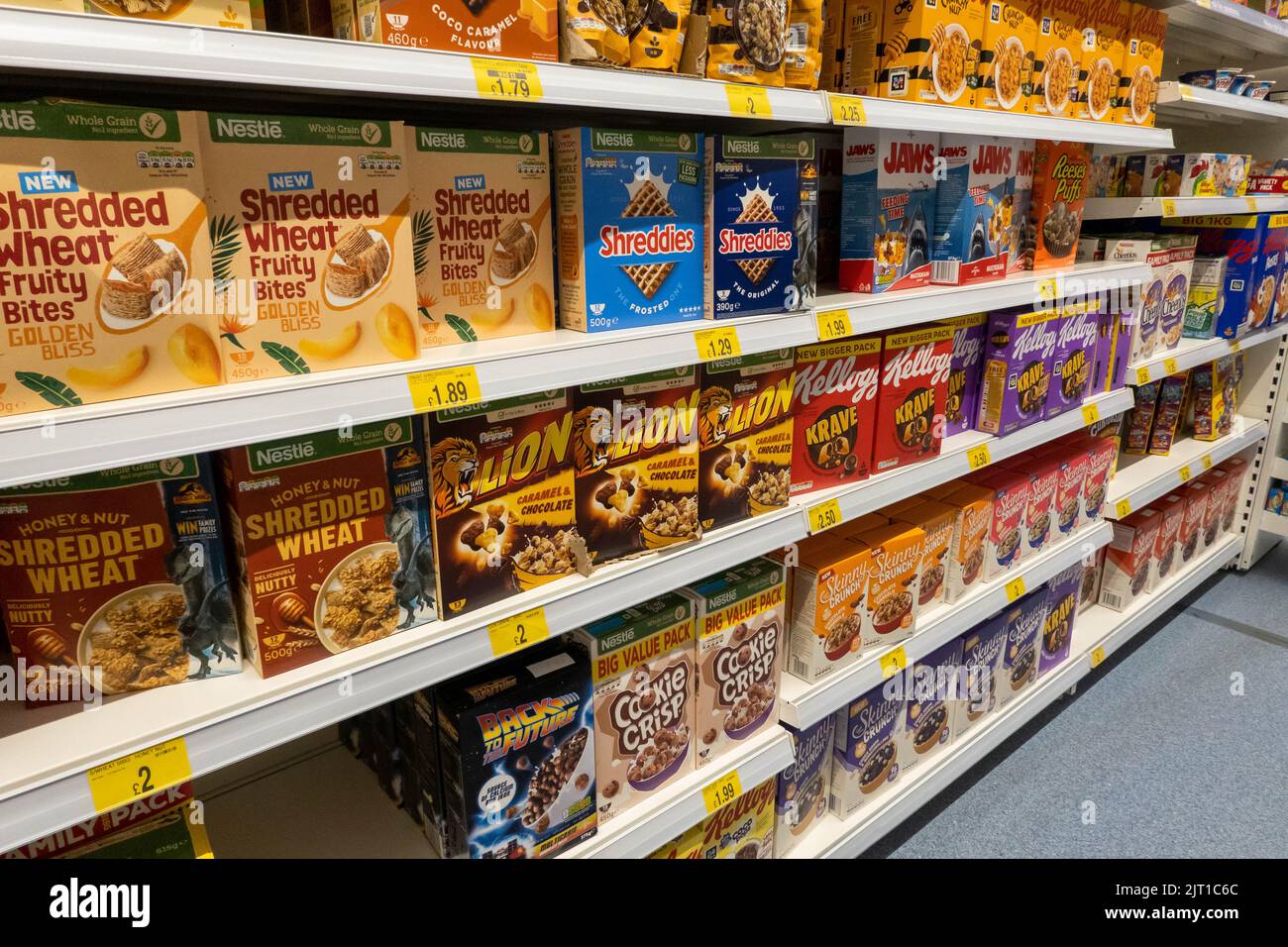 Breakfast cereal display on shelves at a B & M store in Norwich Norfolk