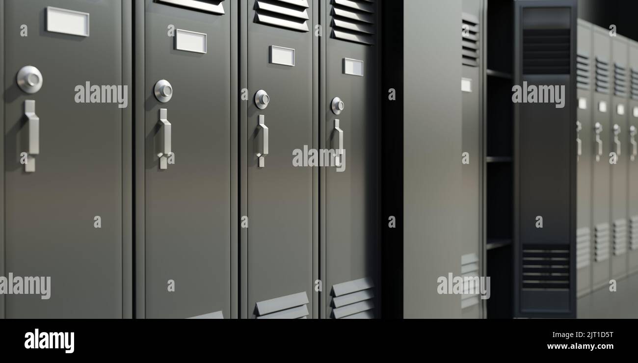 Gym lockers. High school students storage cabinets, gray color metal closets close up view. 3d render Stock Photo
