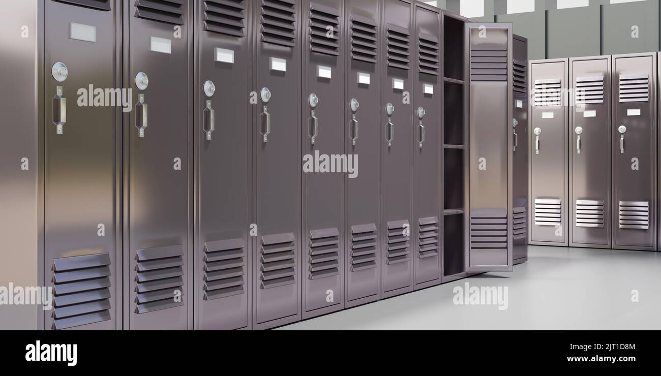 Gym lockers, empty change room interior. School students storage cabinets, gray metal closets. 3d render Stock Photo