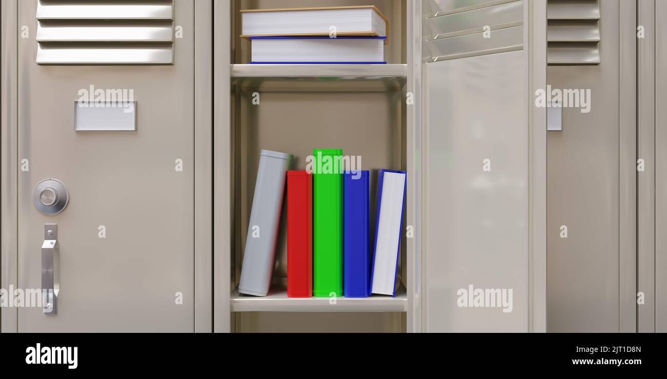 School gym locker. Books in an open student cabinet. Gym beige color metal closet, close up. 3d render Stock Photo