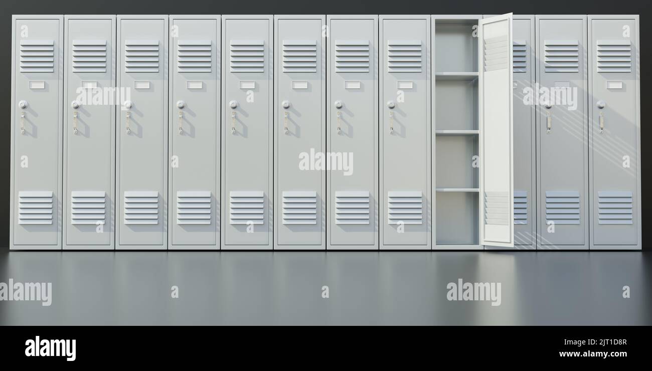 School Gym lockers row. Students storage cabinets, white color closed metal closets one open on gray floor. 3d render Stock Photo