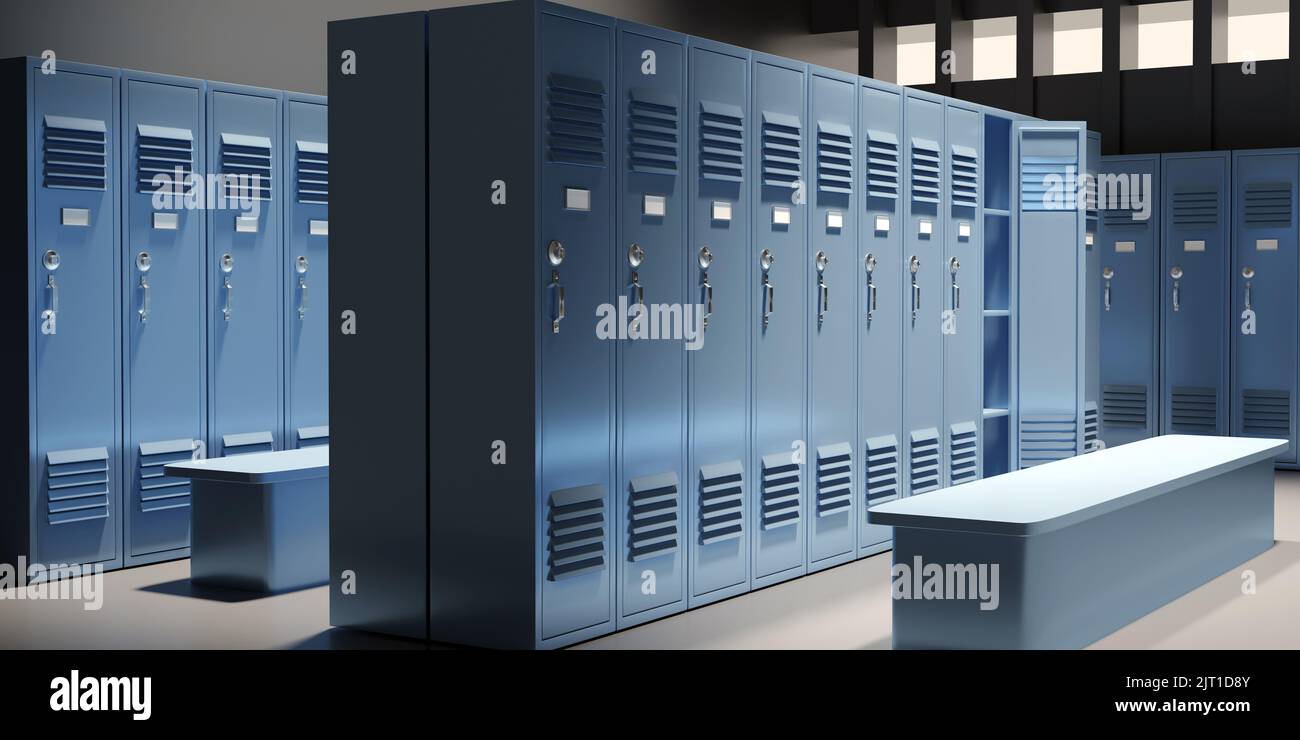 Gym lockers, empty change room interior. School students storage cabinets, blue metal closets and bench. 3d render Stock Photo