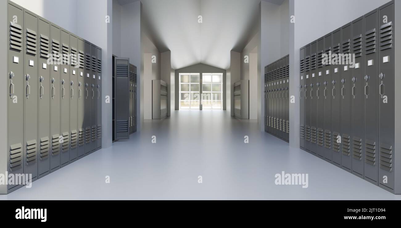 High school hallway gray color lockers. Education building interior, empty corridor, 3d render Stock Photo