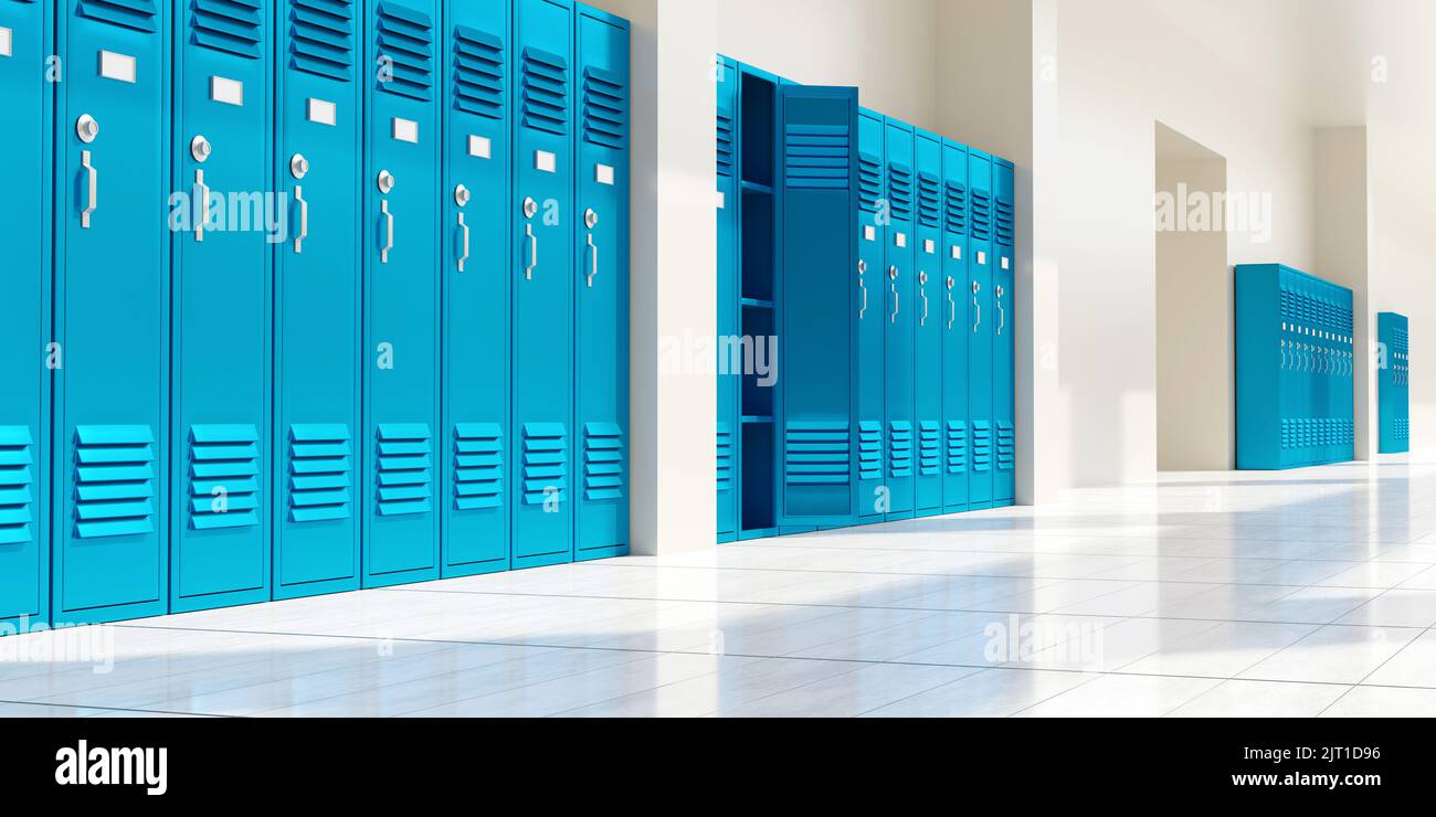 High school hall blue color lockers closed, one open. Education building interior, empty corridor, 3d render Stock Photo