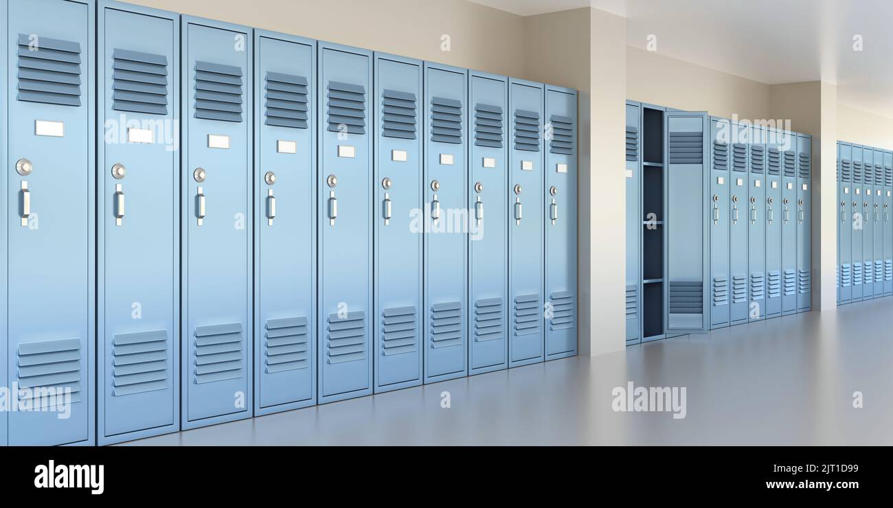 High school corridor blue color lockers closed, one open. Education building interior, empty aisle. 3d render Stock Photo