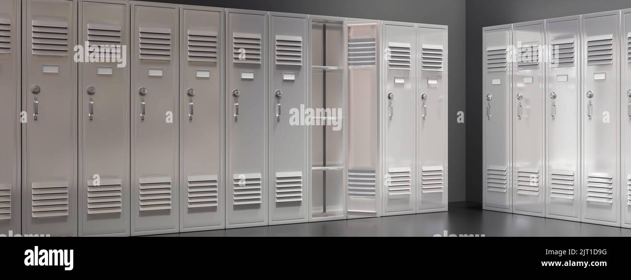 School Gym lockers row. Students storage cabinets, white color closed metal closets one open on gray floor. 3d render Stock Photo