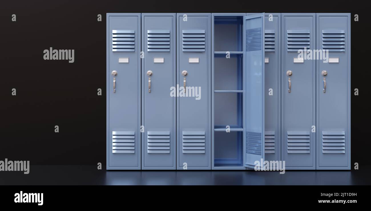 Gym lockers, one open door empty. School students storage cabinets, blue color closed metal closets on black floor and wall. 3d render Stock Photo
