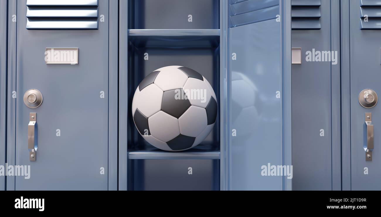 Soccer ball in an open Gym locker. Football athletes change room. Student blue color metal closet, close up. 3d render Stock Photo