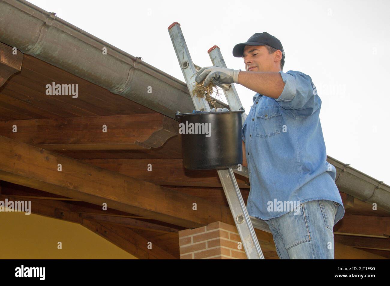Image of a handyman who, on a ladder, cleans the gutter of his house