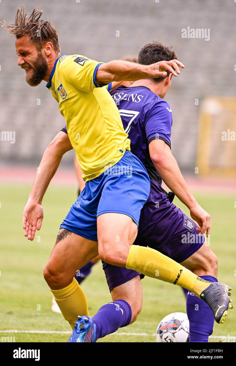 RSCA Futures' Mohamed Bouchouari and Beveren's Kevin Hoggas fight for the  ball during a soccer match between RSC Anderlecht Futures (u23) and SK  Beveren, Saturday 27 August 2022 in Brussels, on day