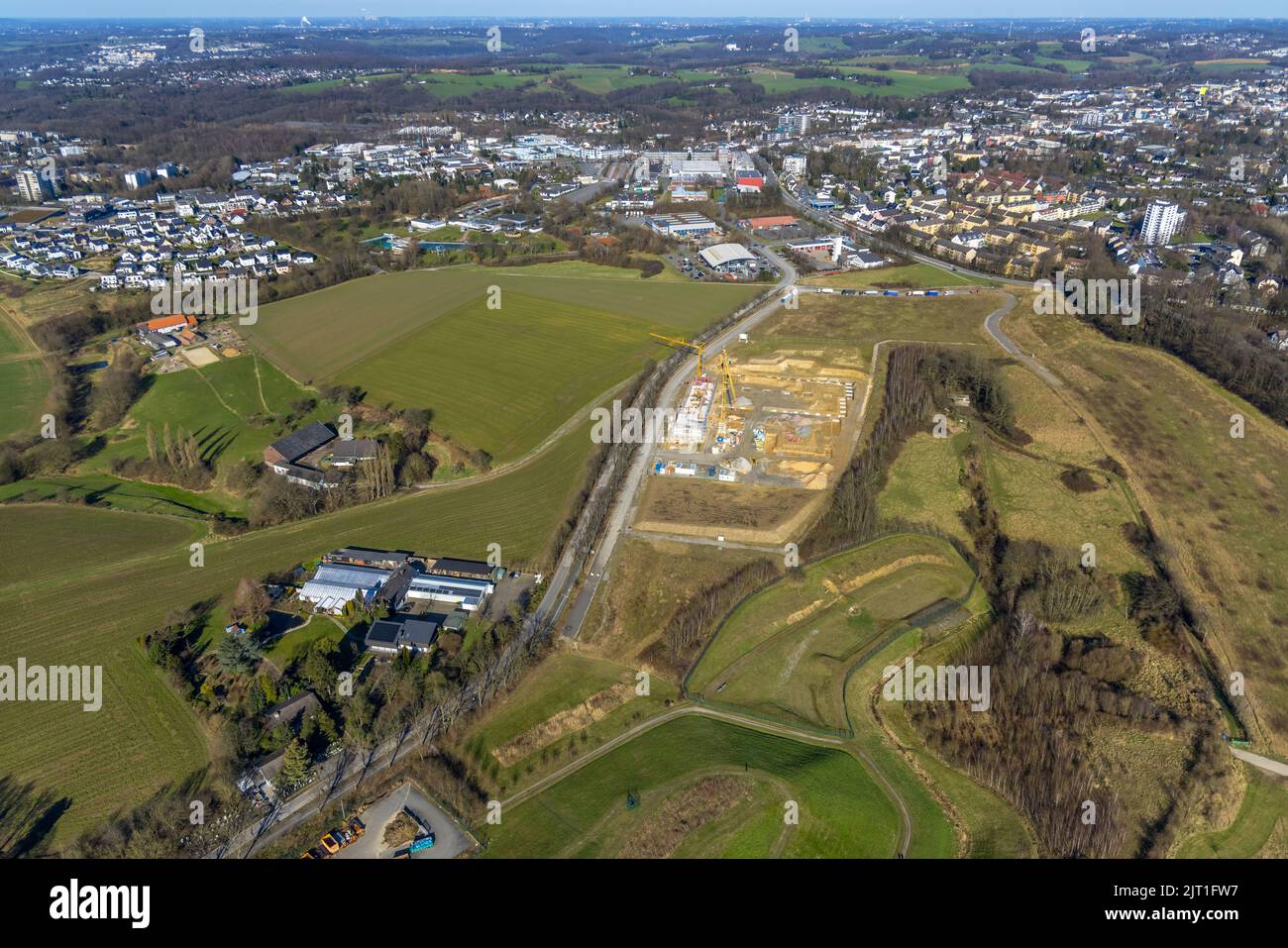 Aerial view, construction site and new building industrial park
