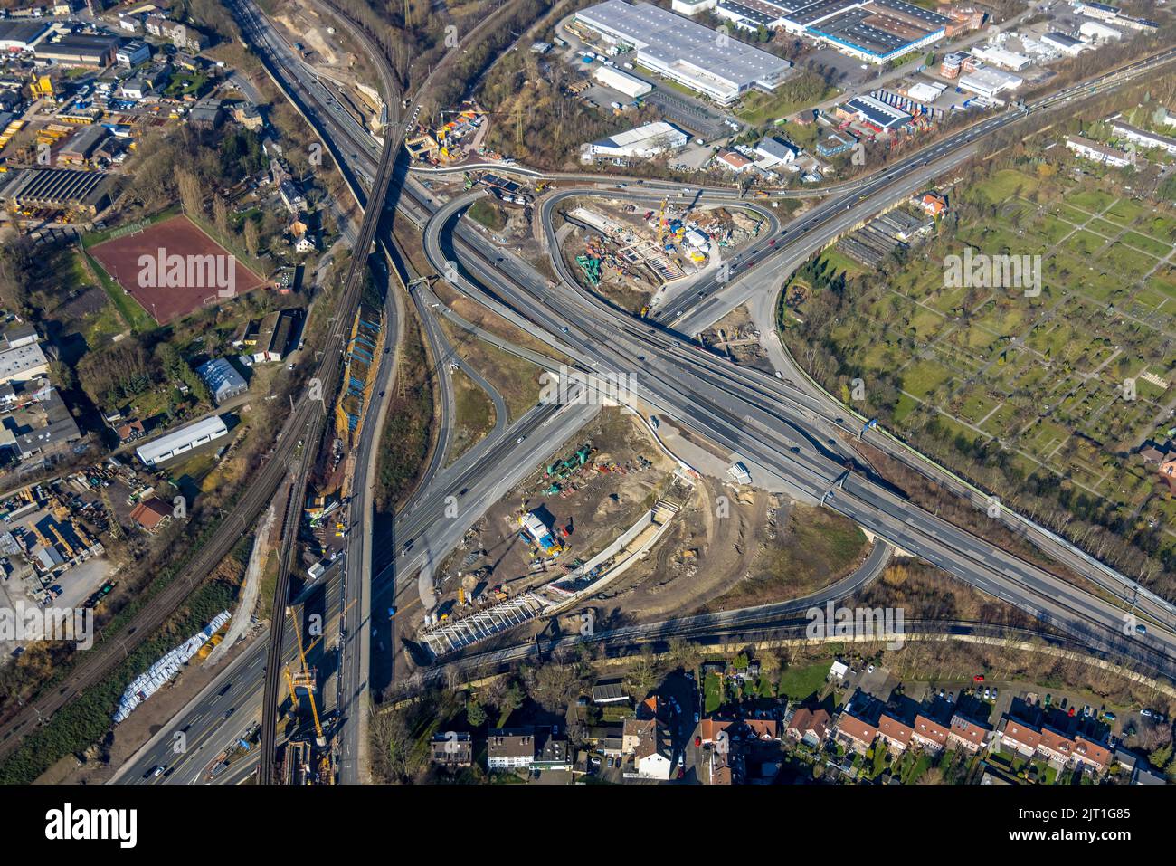 Major construction site freeway junction Herne of the freeway A42 and freeway A43, with construction of the Baukau tunnel, Ruhr area, North Rhine-West Stock Photo