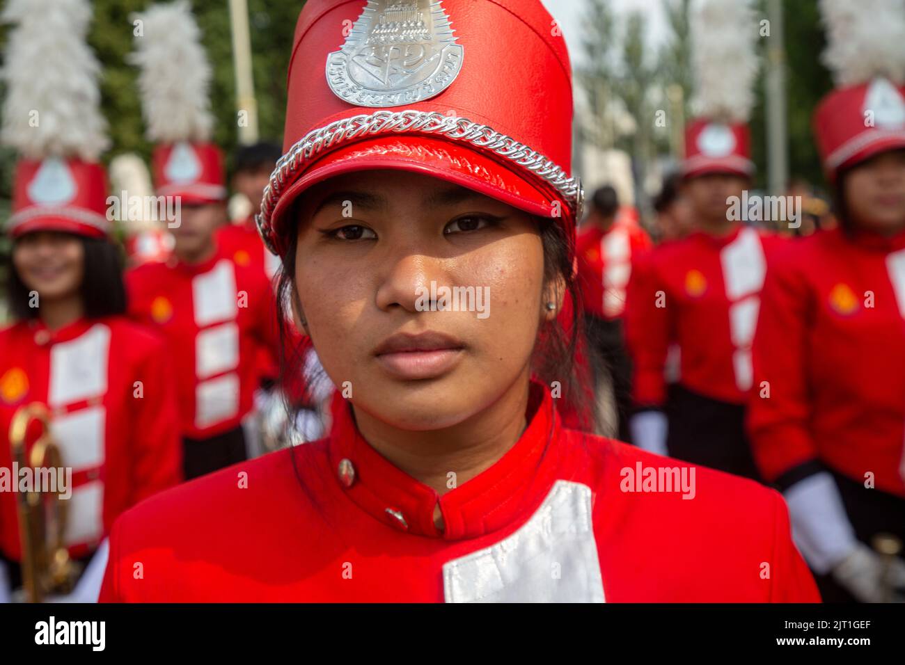 Moscow, Russia. 27th of August, 2022. Boonwattana School Marching Band takes part in the Spasskaya Tower 2022 International Military Music Festival parade in the VDNKh Exhibition Centre in Moscow, Russia. Nikolay Vinokurov/Alamy Live News Stock Photo