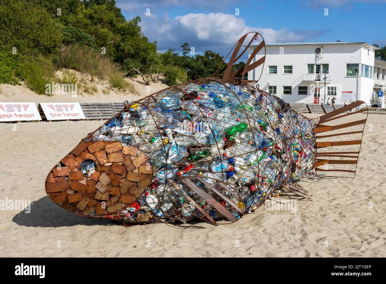 Sculpure of a fish filled with plastic bottles depicting plastic pollution of the sea, seaside resort of Pärnu, Estonia The Baltics, Europe Stock Photo